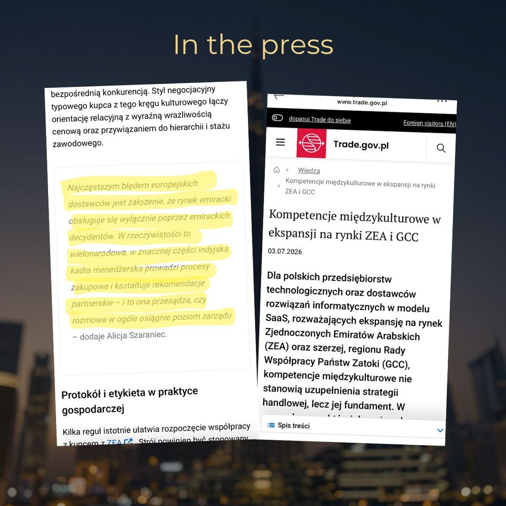Fragmenty artykułu Alicji Szaraniec o ekspansji na rynki ZEA i GCC na trade.gov.pl
